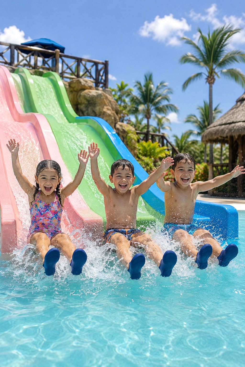 Niños con aquasocks de neopreno deslizándose en toboganes de un parque acuático de la Riviera Maya